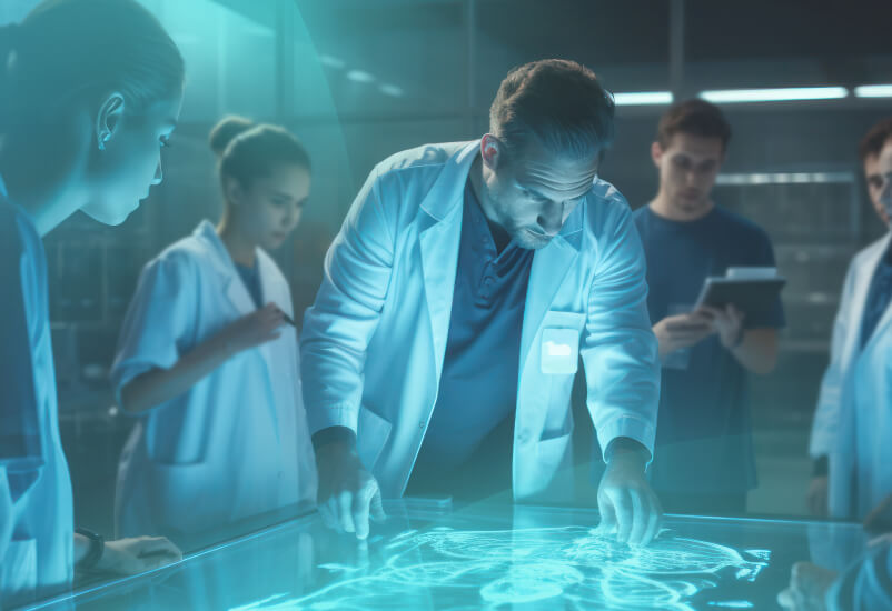 Doctors gathered around a high-tech display